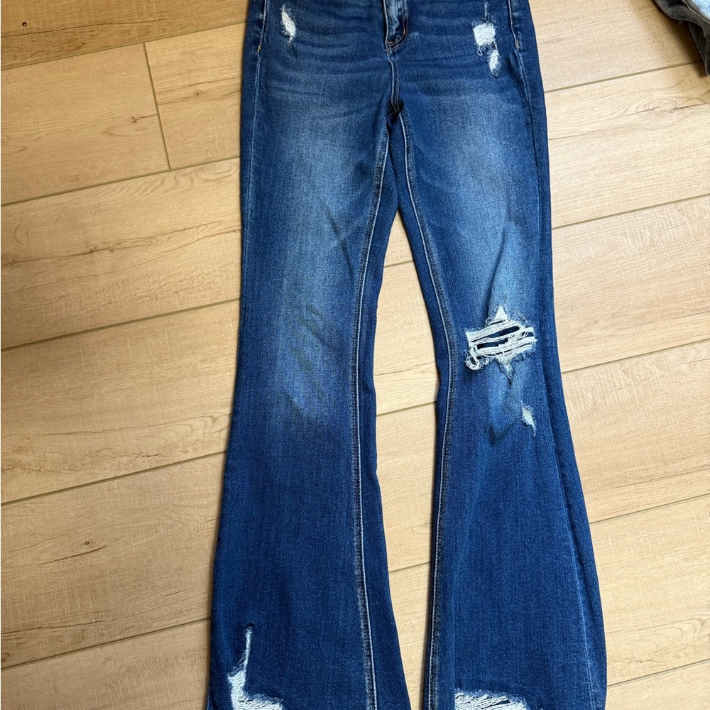 Classic Distressed High Rise Flare Leg Jeans